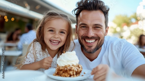 Wallpaper Mural A joyous father and his young daughter are seen smiling widely while enjoying a delicious dessert at an outdoor cafe, capturing a sunny day filled with happiness and family bonding. Torontodigital.ca