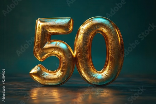 luxurious 3d rendered golden number fifty opulent surface reflecting warm light elegant serif typography with subtle metallic sheen for anniversary or celebration concept photo