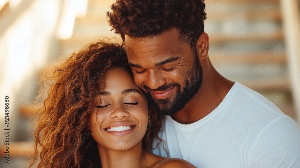 A happy couple is seen enjoying a loving embrace, smiling warmly at each other, standing in a well-lit staircase area showcasing strong connection and love. A happy couple is seen enjoying a loving embrace, smiling warmly at each other, standing in a well-lit staircase area showcasing strong connection and love.