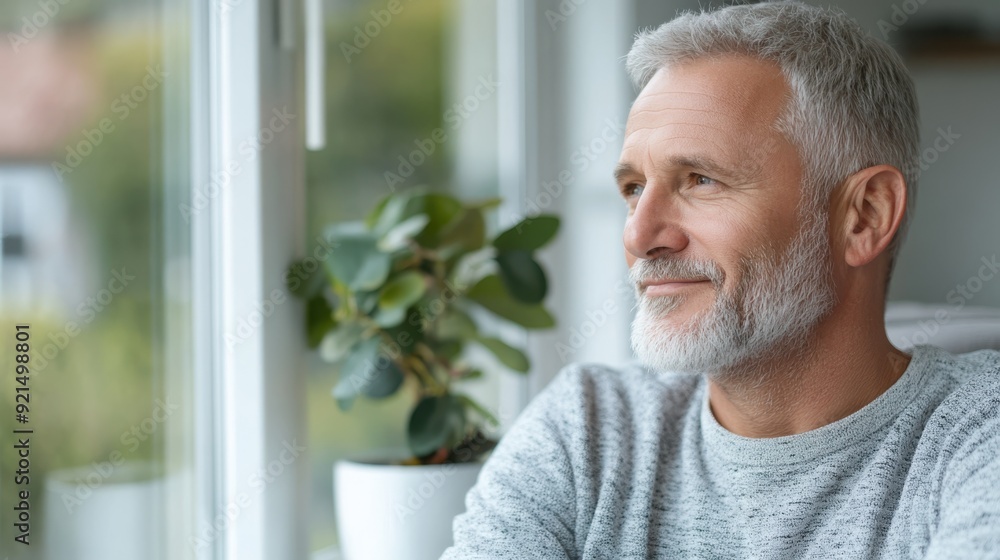 A contemplative man, dressed in a gray sweater, looks out a large window on a bright day, seemingly lost in thought, with a lush green plant nearby enhancing the calm atmosphere. A contemplative man, dressed in a gray sweater, looks out a large window on a bright day, seemingly lost in thought, with a lush green plant nearby enhancing the calm atmosphere.