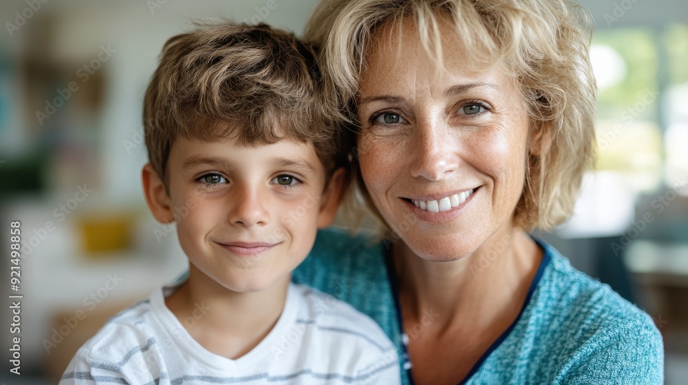 A smiling woman with short hair and a young boy, both looking at the camera indoors, radiating warmth and closeness in their relationship. A smiling woman with short hair and a young boy, both looking at the camera indoors, radiating warmth and closeness in their relationship.