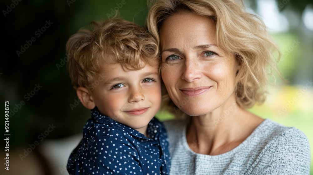 A woman and a young boy smile warmly at the camera while sharing a close embrace, highlighting their affectionate relationship in a cozy setting. A woman and a young boy smile warmly at the camera while sharing a close embrace, highlighting their affectionate relationship in a cozy setting.