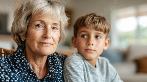 An elderly woman and a young boy sit closely together, both looking thoughtfully into the distance, capturing a contemplative and intimate moment between generations.