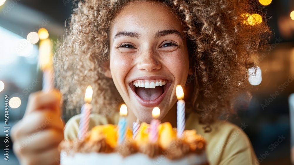 A joyful girl is celebrating her birthday, holding a cake with lit candles. She has curly hair and a radiant smile, enjoying the festive moment with bright lights around.