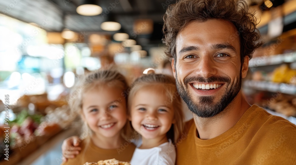 A father smiling brightly with his two young daughters in a brightly lit store aisle, holding baked goods and enjoying their time together with happiness and love. A father smiling brightly with his two young daughters in a brightly lit store aisle, holding baked goods and enjoying their time together with happiness and love.