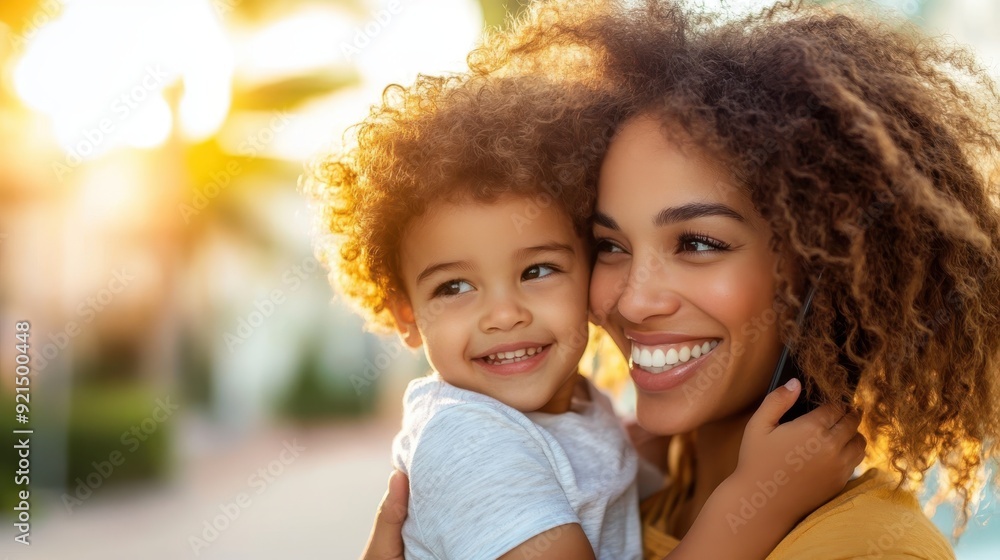 Fototapeta premium A joyful mother and her adorable child share a tender hug outdoors, both beaming with happiness as the sun sets, capturing a beautiful moment of love and connection.
