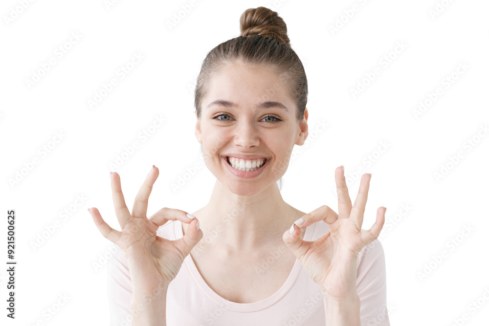 Happy girl doing okay gesture with both hands Happy girl doing okay gesture with both hands