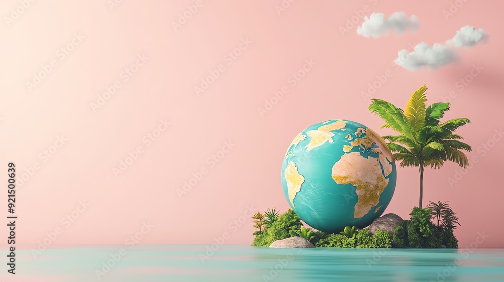 A vibrant globe on a small island with palm trees, set against a soft pink background, symbolizing travel and global exploration. A vibrant globe on a small island with palm trees, set against a soft pink background, symbolizing travel and global exploration.