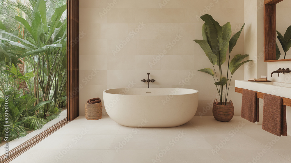 Fototapeta premium interior design for tropical house, bathroom design, plaster, big white tiles on the floor, natural light come in, a few tall plants, brown cloths decorated.