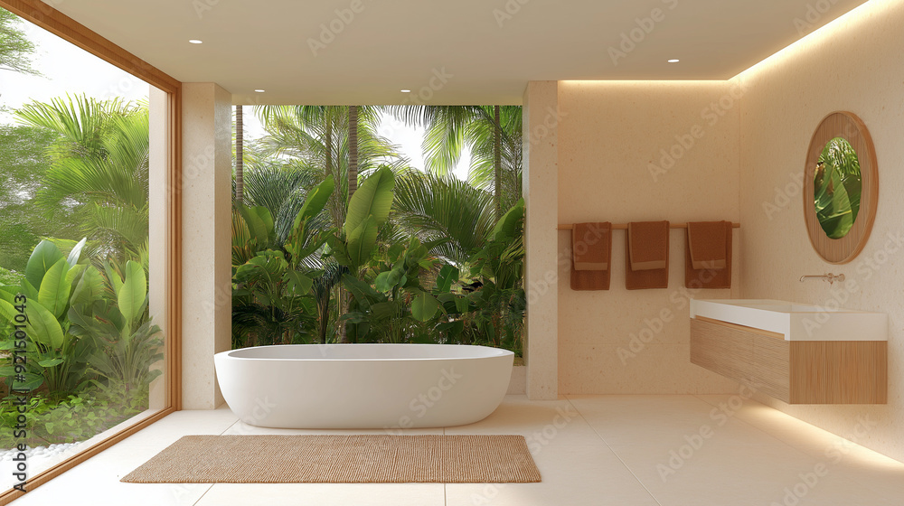 Fototapeta premium interior design for tropical house, bathroom design, plaster, big white tiles on the floor, natural light come in, a few tall plants, brown cloths decorated.
