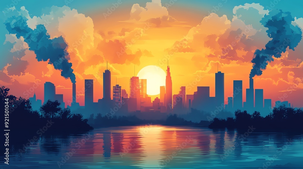 A vibrant sunset over a city skyline, showcasing colorful clouds and reflections on water amidst industrial smoke. A vibrant sunset over a city skyline, showcasing colorful clouds and reflections on water amidst industrial smoke.