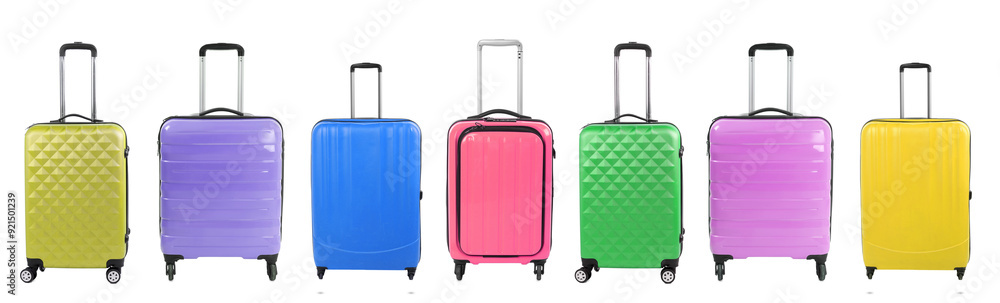 Stylish suitcases of different colors on white background, set Stylish suitcases of different colors on white background, set