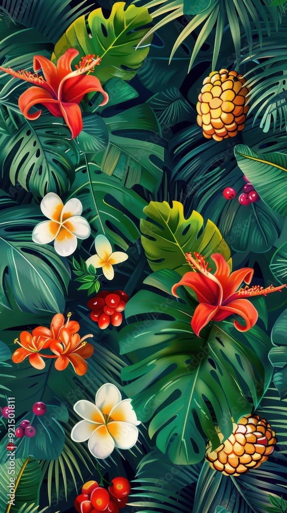 Fototapeta premium A vibrant display of tropical flowers and fruits surrounded by lush green foliage
