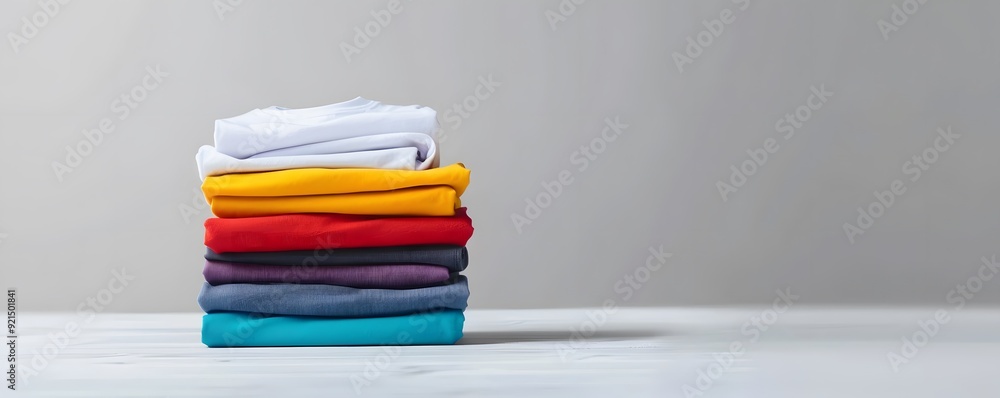 Stack of Folded Colorful Clothing on a White Surface Stack of Folded Colorful Clothing on a White Surface