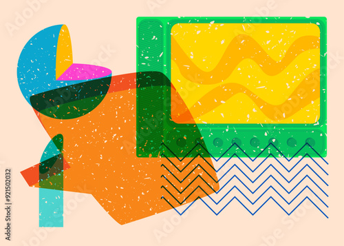 Risograph Television with speech bubble with geometric shapes. Objects in trendy riso graph print texture style design with geometry elements.