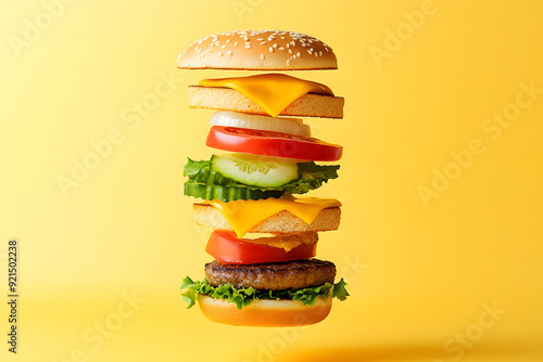 The Anatomy of Deliciousness: A classic burger explodes with fresh ingredients, frozen in time against a vibrant yellow backdrop, showcasing the art of food photography.