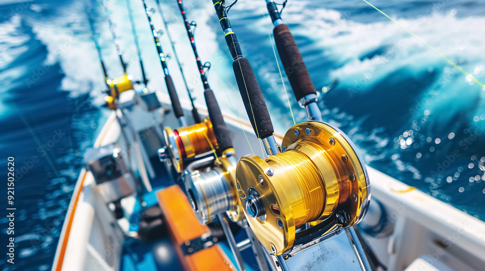 Row of Deep Sea Fishing Rods on Boat Row of Deep Sea Fishing Rods on Boat