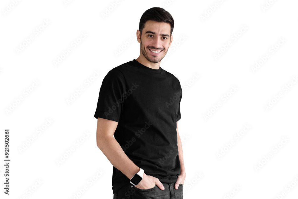 Fototapeta premium Portrait of young man standing and looking optimistic in casual clothes