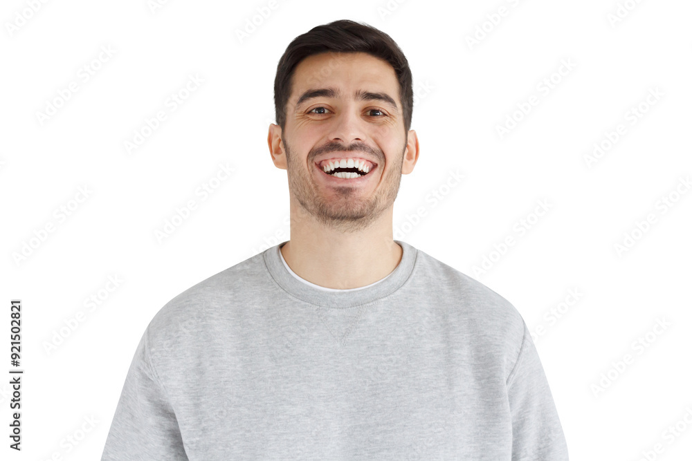 Laughing out loud concept. Young man in smiles, laughing, showing perfect white teeth Laughing out loud concept. Young man in smiles, laughing, showing perfect white teeth