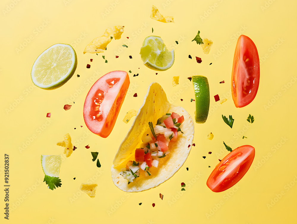 Taco Explosion: A vibrant fiesta of flavor frozen in mid-air, this image captures a delectable taco exploding with fresh tomatoes, limes, and cilantro against a sunny yellow backdrop. Taco Explosion: A vibrant fiesta of flavor frozen in mid-air, this image captures a delectable taco exploding with fresh tomatoes, limes, and cilantro against a sunny yellow backdrop.