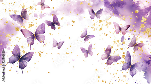 Purple Butterfly Dreamscape: Watercolor butterflies flutter through a whimsical purple and gold dreamscape, evoking tranquility and ethereal beauty. 