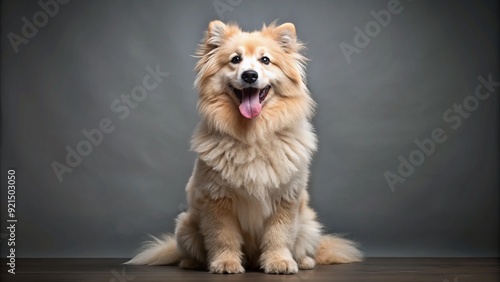 Adorable fluffy dog with tongue out and ears flapping, sitting upright on hind legs like a human, looking ridiculous and utterly charming. photo