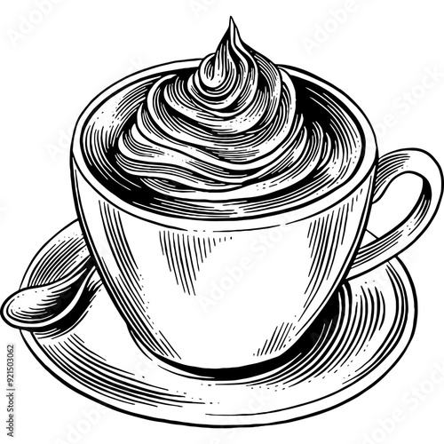 Hand drawn Hot Chocolate in a Cup with Whipped Cream Sketch Illustration