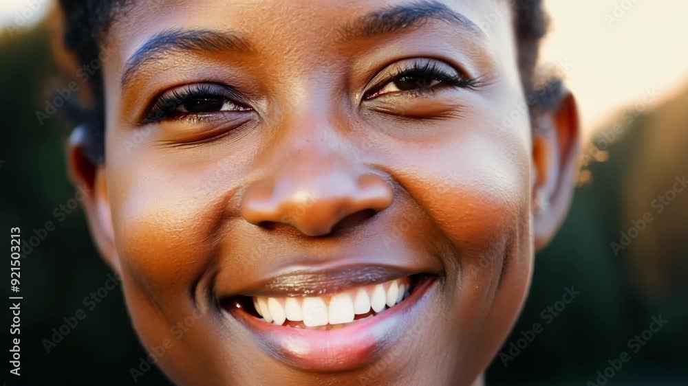 Young woman beaming with joy, showcasing her radiant smile and healthy skin in a sunlit outdoor setting Young woman beaming with joy, showcasing her radiant smile and healthy skin in a sunlit outdoor setting