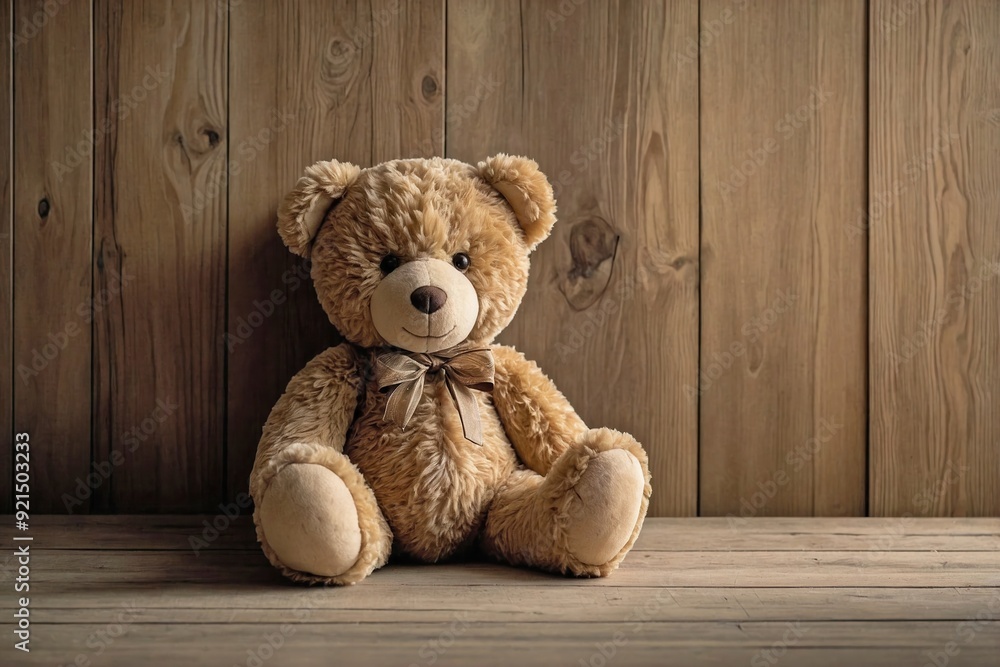 A plush, beige teddy bear leans against a simple wooden wall with a natural wood grain texture. A plush, beige teddy bear leans against a simple wooden wall with a natural wood grain texture.