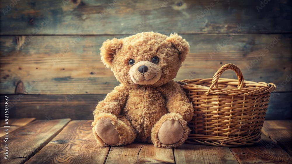 Adorable plush teddy bear with soft, velvety fur and sweet expression sits on a distressed wooden table with a woven wicker basket in the background. Adorable plush teddy bear with soft, velvety fur and sweet expression sits on a distressed wooden table with a woven wicker basket in the background.