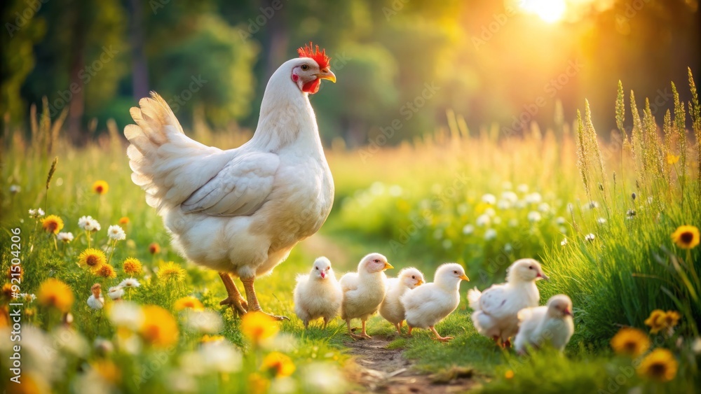 Fototapeta premium Adorable white hen tenderly leads her brood of fluffy chicks through lush green grass and vibrant wildflowers on a sunny rural farm morning.