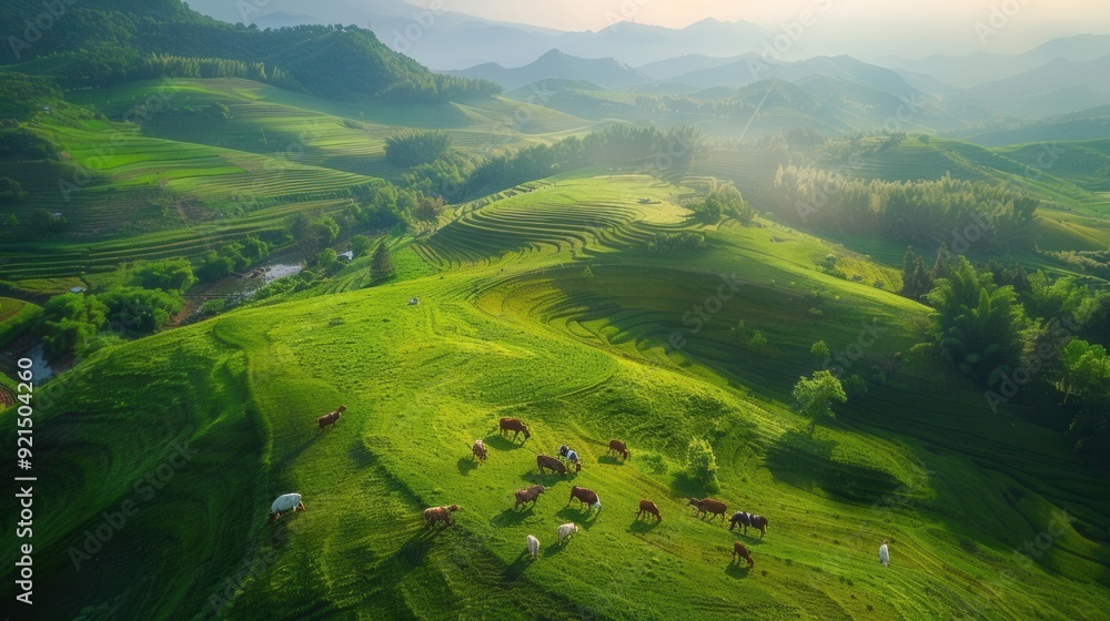 Serene utopian hillside, grazing animals, scenic pathways, bird's-eye view, afternoon sunlight, peaceful agriculture, natural beauty, Serene utopian hillside, grazing animals, scenic pathways, bird's-eye view, afternoon sunlight, peaceful agriculture, natural beauty,