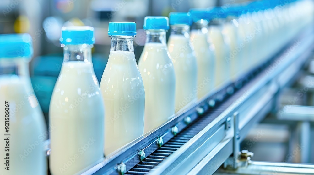 Bottles of milk move along a conveyor belt in a dairy processing plant, showcasing automation and production line efficiency. Bottles of milk move along a conveyor belt in a dairy processing plant, showcasing automation and production line efficiency.