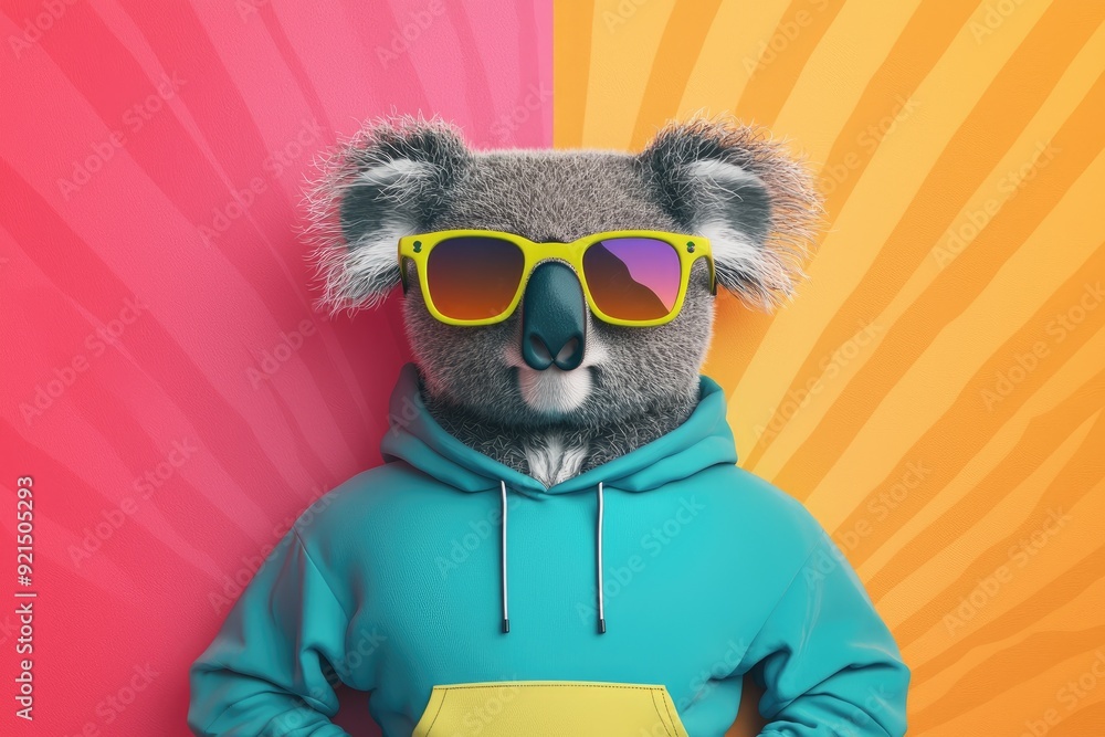 Fototapeta A koala wearing a neon-colored hoodie and funky sunglasses set against a bright and abstract pop art background