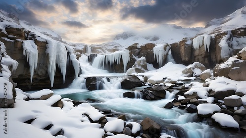 : A serene waterfall in winter, water flowing gently over the icy rocks, with a soft blanket of snow covering the surrounding landscape, under a cloudy sky photo