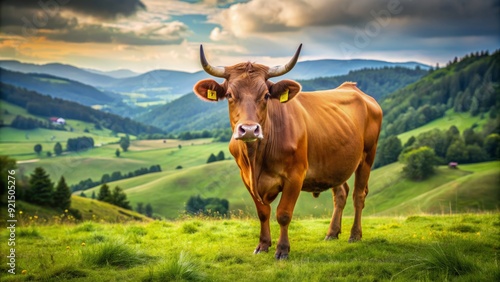 A majestic brown cow with a shiny coat stands in a lush green meadow, its horns and ears perked up, amidst a serene rural landscape.