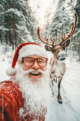 Santa Claus Selfie with Reindeer in Snowy Forest 