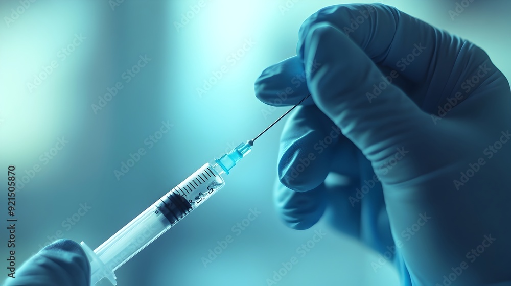 Gloved hand holding syringe with downward facing needle for medical treatment or research Gloved hand holding syringe with downward facing needle for medical treatment or research