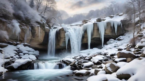 : A serene waterfall in winter, water flowing gently over the icy rocks, with a soft blanket of snow covering the surrounding landscape, under a cloudy sky photo