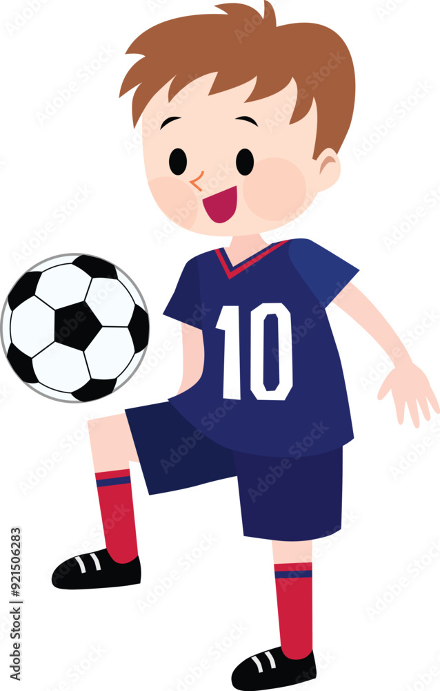 Illustration of a boy wearing dark blue with red line jerseys playing with a soccer ball. Vector Illustration. Illustration of a boy wearing dark blue with red line jerseys playing with a soccer ball. Vector Illustration.