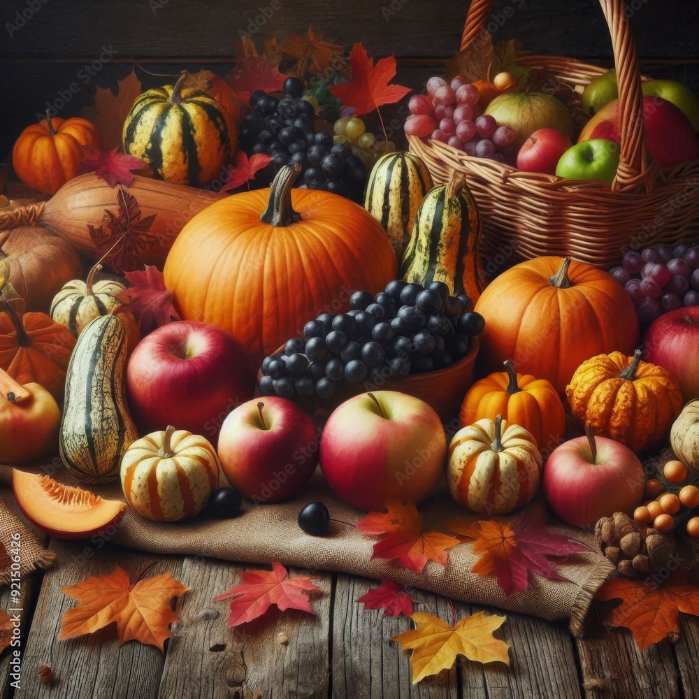 Thanksgiving Background with Autumn Fruits and Gourds on Rustic Wood Thanksgiving Background with Autumn Fruits and Gourds on Rustic Wood