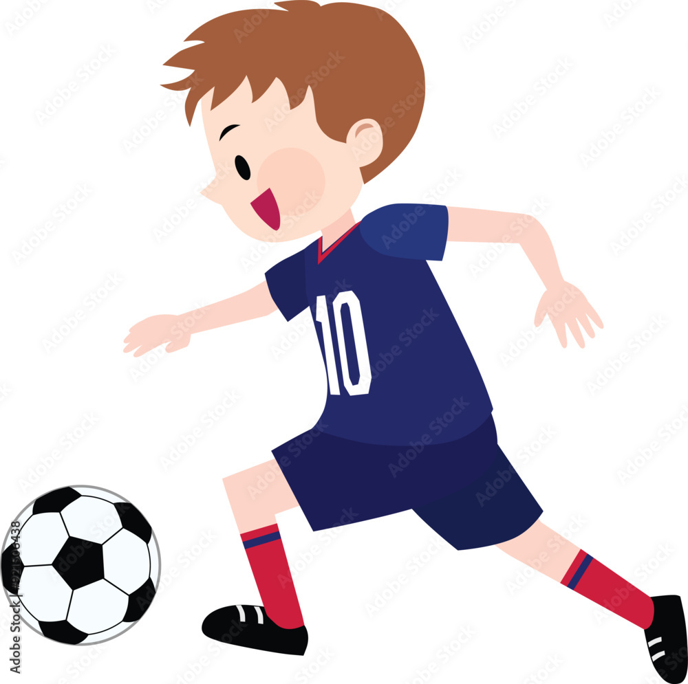 Illustration of a boy wearing dark blue with red line jerseys kicking a soccer ball. Vector Illustration. Illustration of a boy wearing dark blue with red line jerseys kicking a soccer ball. Vector Illustration.