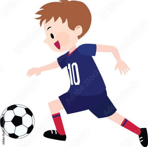 Illustration of a boy wearing dark blue with red line jerseys kicking a soccer ball. Vector Illustration.