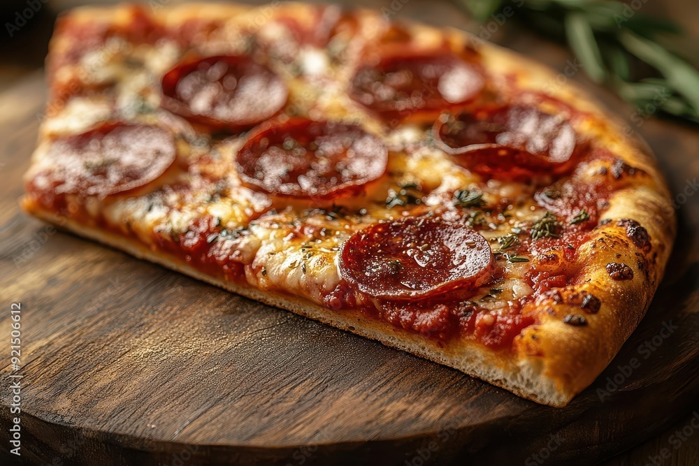 sizzling pepperoni pizza slice with gooey mozzarella steaming on rustic wooden board golden crust vibrant marinara aromatic herbs dramatic side lighting mouthwatering closeup sizzling pepperoni pizza slice with gooey mozzarella steaming on rustic wooden board golden crust vibrant marinara aromatic herbs dramatic side lighting mouthwatering closeup