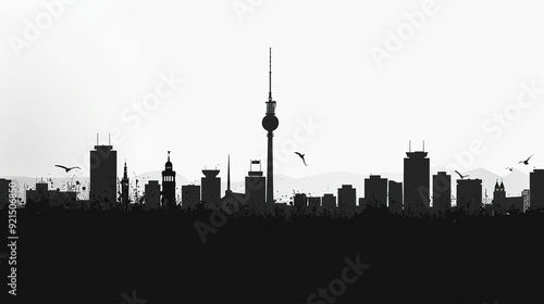 monochrome city silhouette with watercolor painting  #921506850