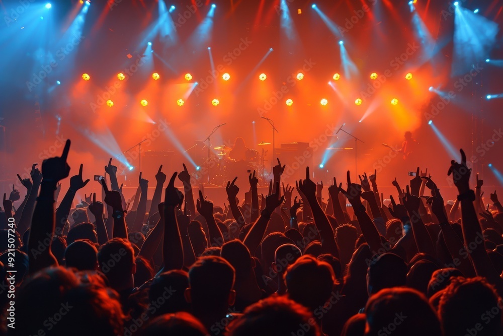 Enthusiastic Crowd Celebrating a Live Music Performance With Vibrant Lights in an Indoor Venue Enthusiastic Crowd Celebrating a Live Music Performance With Vibrant Lights in an Indoor Venue