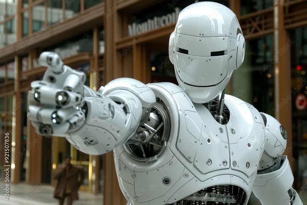 Fototapeta premium Futuristic Robot Engaging With Passersby in Urban Environment on a Bright Day