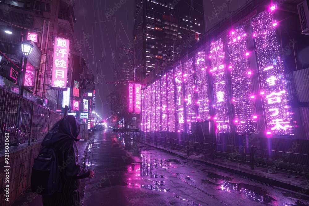 Obraz premium Exploring A Neon-Lit Street Under Rainy Skies In A Bustling Urban Area