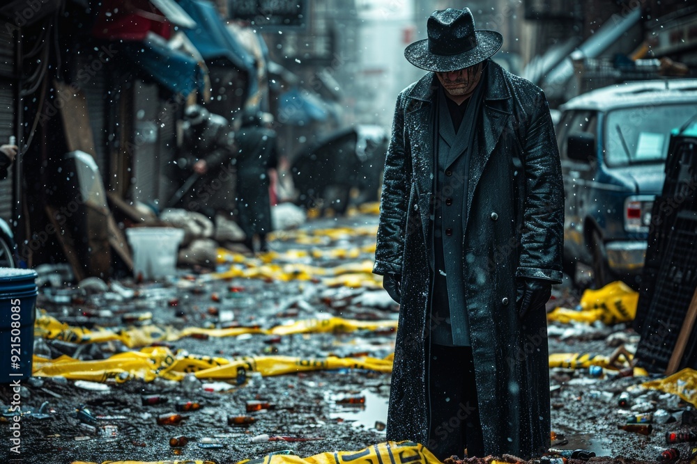 Detective In Long Coat Stands Alone In Rainy, Abandoned City Street At Dusk Detective In Long Coat Stands Alone In Rainy, Abandoned City Street At Dusk