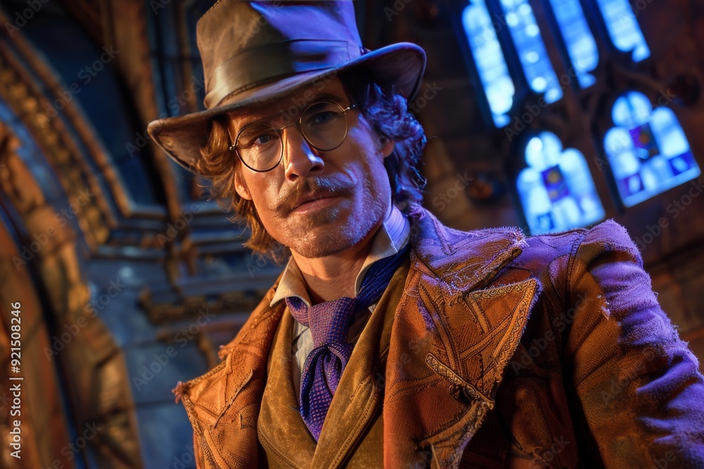 A Character Dressed in Historical Attire Poses Dramatically Inside a Majestic Gothic Building A Character Dressed in Historical Attire Poses Dramatically Inside a Majestic Gothic Building